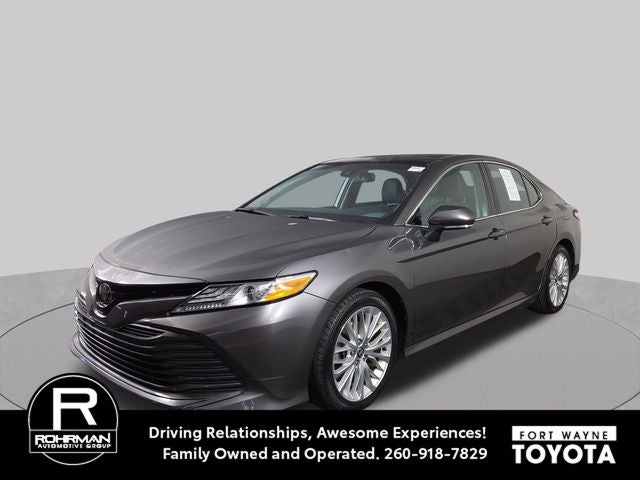 2020 Toyota Camry XLE in Predawn Gray Mica — front three-quarter view